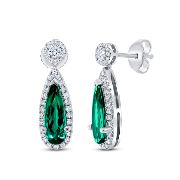 Uneek Precious Collection Double-Halo Pear Shaped Green Tourmaline Anniversary Earrings