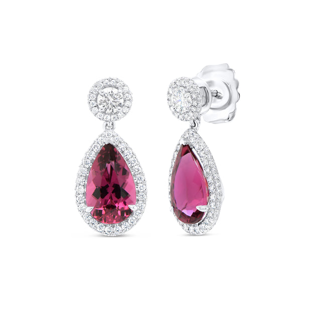 Uneek Precious Collection Halo Cushion Rubellite Drop Earrings