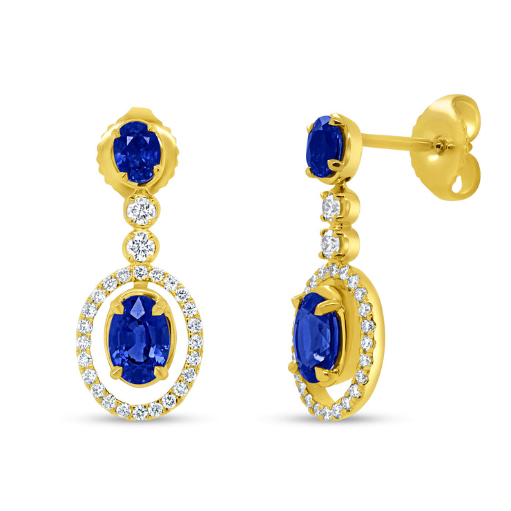 Uneek Precious Collection Halo Oval Blue Sapphire Dangle Earrings