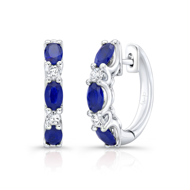 Uneek Precious Collection 1-Row Oval Blue Sapphire Huggie Earrings