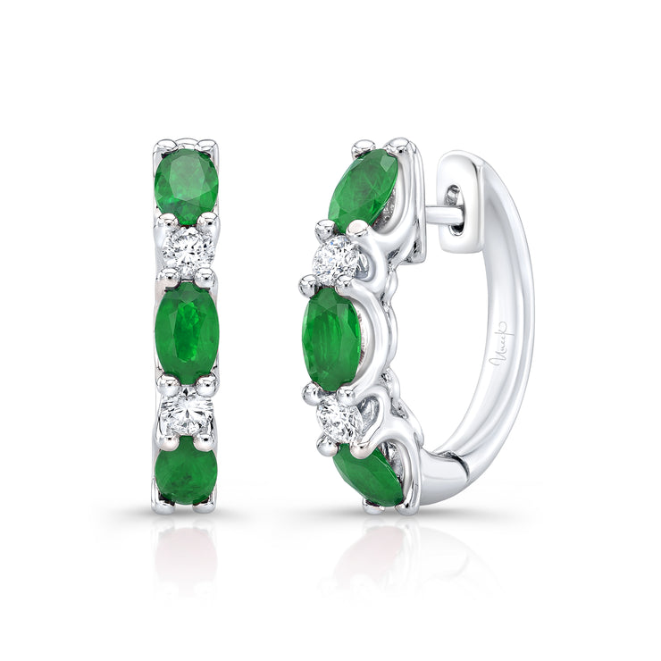 Uneek Precious Collection Oval Shaped Emerald Huggie Earrings
