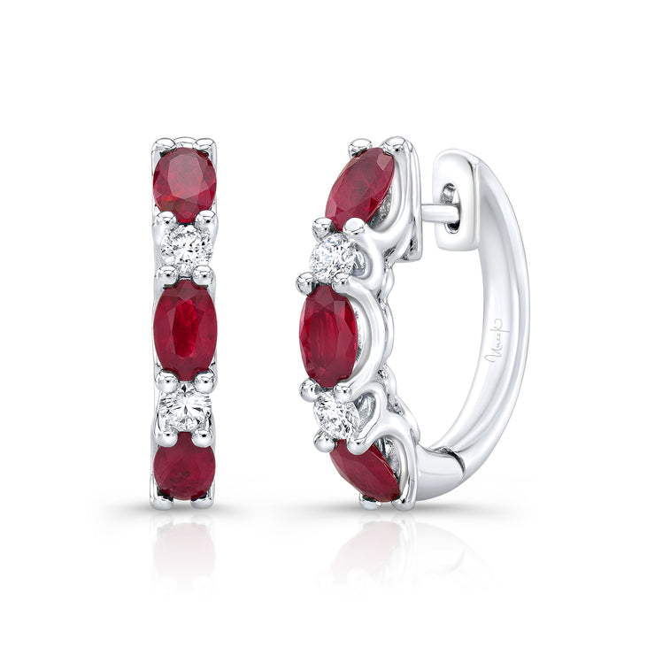 Uneek Precious Collection 1-Row Oval Ruby Huggie Earrings