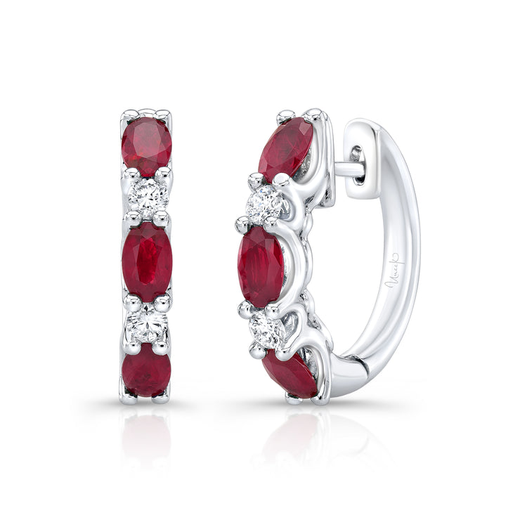 Uneek Precious Collection Oval Shaped Ruby Huggie Earrings