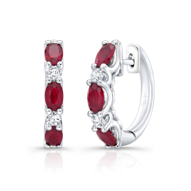 Uneek Precious Collection 1-Row Oval Ruby Huggie Earrings