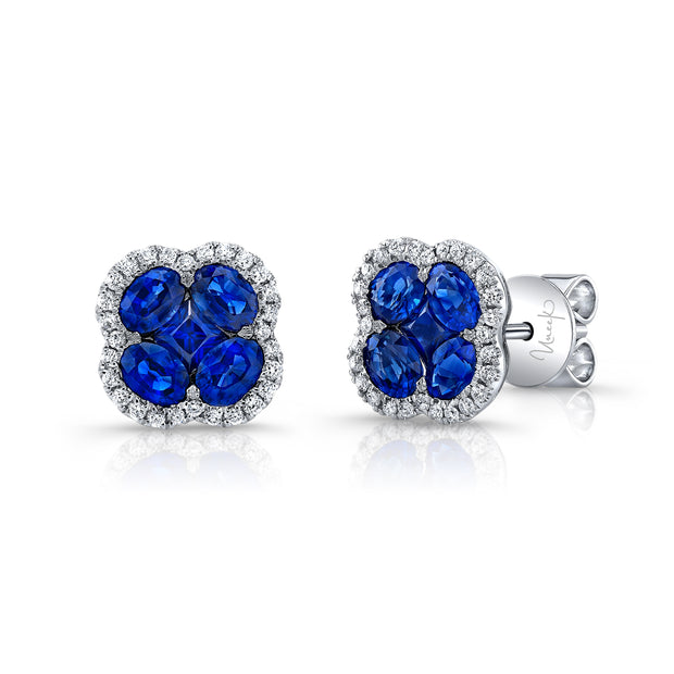 Uneek Precious Collection Floral Oval Shaped Blue Sapphire Stud Earrings