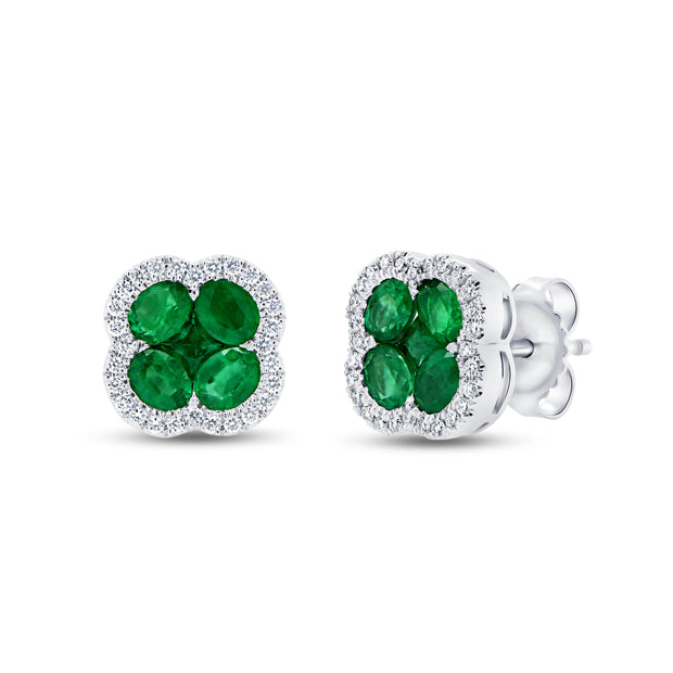 Uneek Precious Collection Floral Oval Shaped Emerald Stud Earrings