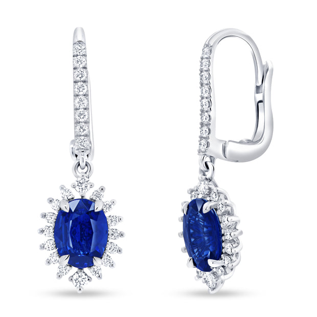 Uneek Precious Collection Halo Oval Blue Sapphire Drop Earrings