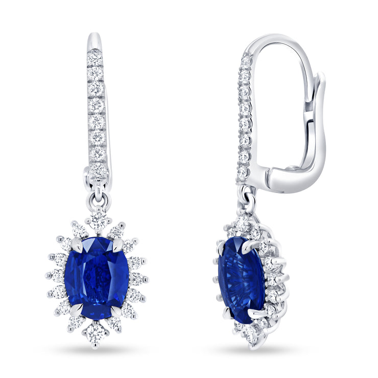 Uneek Precious Collection Halo Oval Blue Sapphire Drop Earrings