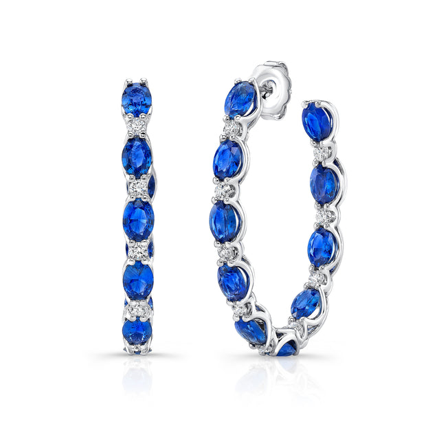 Uneek Precious Collection Oval Shaped Blue Sapphire Hoop Earrings
