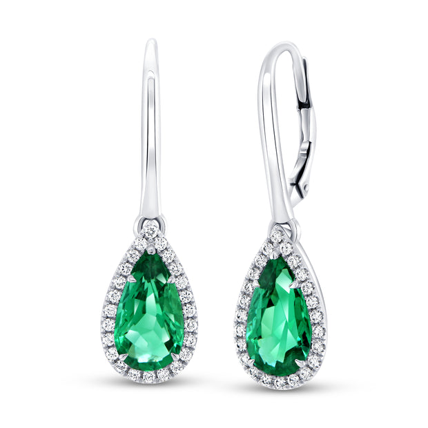 Uneek Precious Collection Halo Pear Shaped Emerald Dangle Earrings