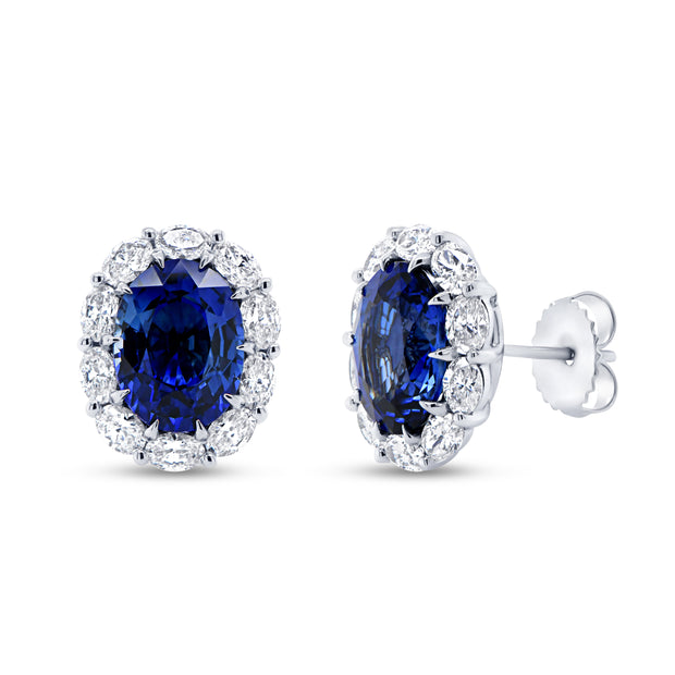 Uneek Precious Collection Halo Oval Blue Sapphire Stud Earrings