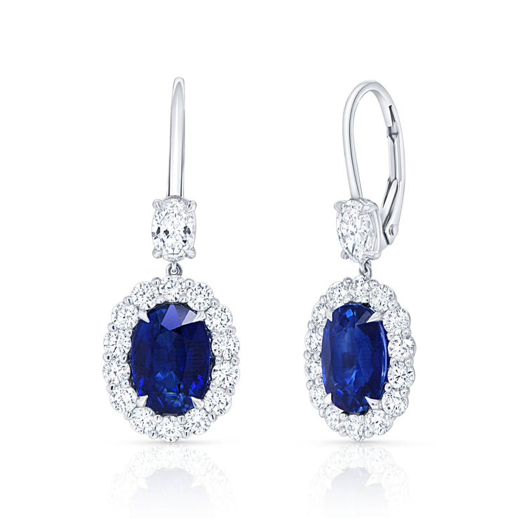 Uneek Precious Collection Halo Oval Blue Sapphire Drop Earrings