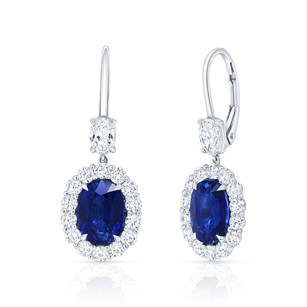 Uneek Precious Collection Halo Oval Blue Sapphire Drop Earrings