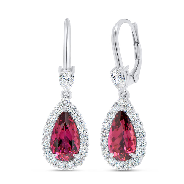 Uneek Precious Collection Halo Pear Rubellite Drop Earrings
