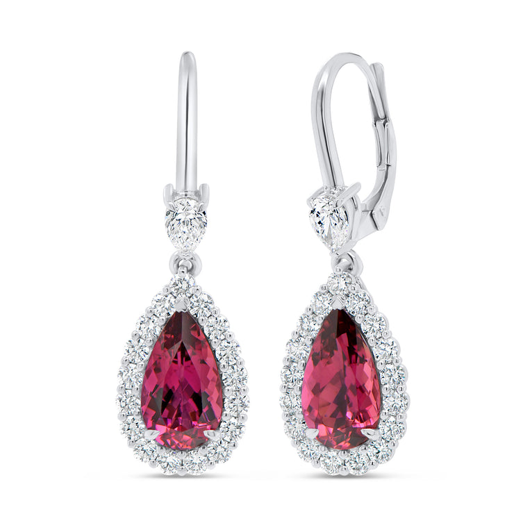 Uneek Precious Collection Halo Pear Rubellite Drop Earrings