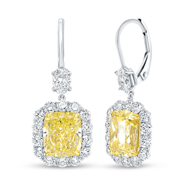 Uneek Natureal Collection Halo Cushion Cut Fancy Yellow Diamond Dangle Earrings