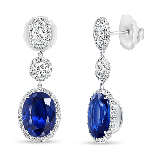 Uneek Precious Collection Halo Oval Blue Sapphire Dangle Earrings