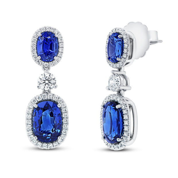Uneek Precious Collection Halo Oval Blue Sapphire Drop Earrings