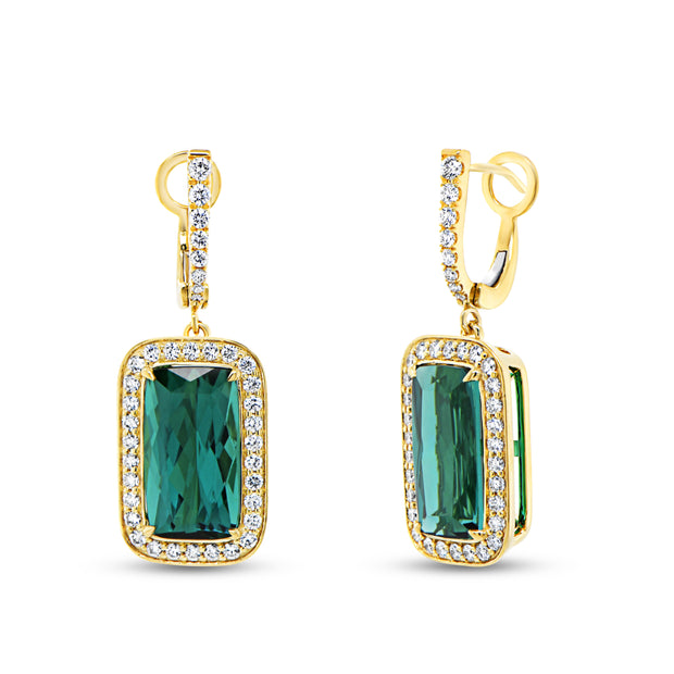 Uneek Precious Collection Halo Cushion Indicolite Tourmaline Drop Earrings