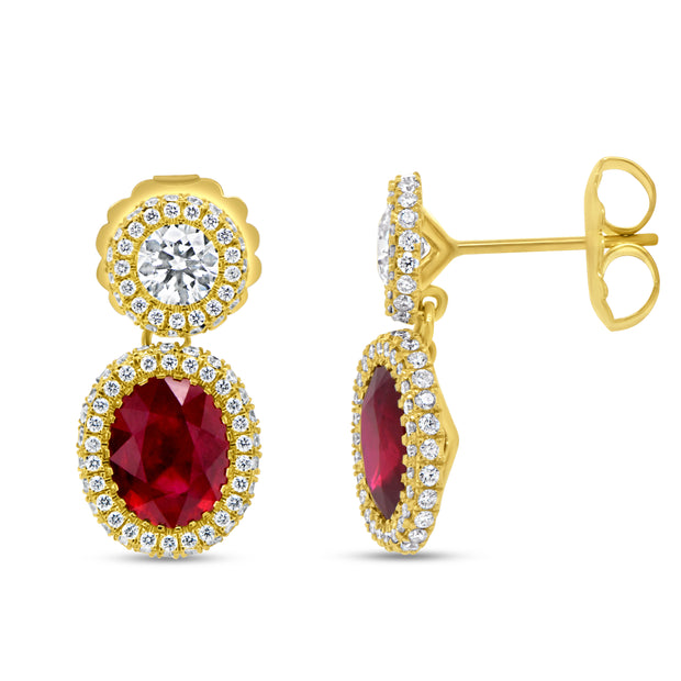 Uneek Precious Collection Halo Oval Ruby Drop Earrings