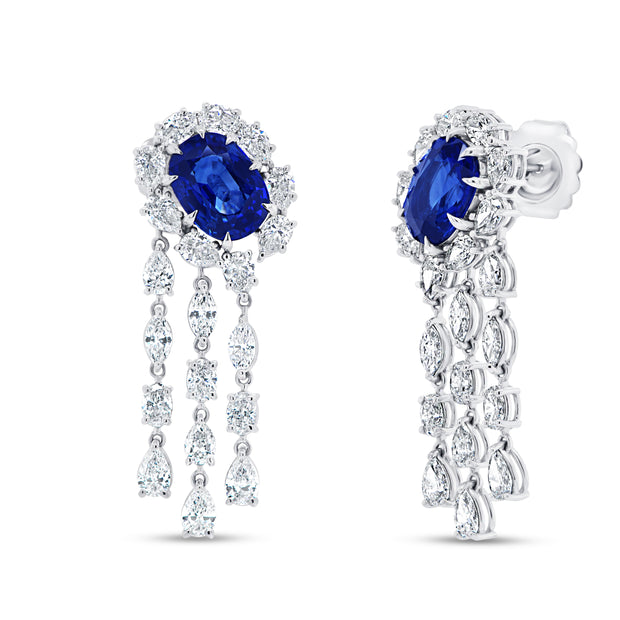 Uneek Precious Collection Halo Oval Blue Sapphire Chandelier Earrings