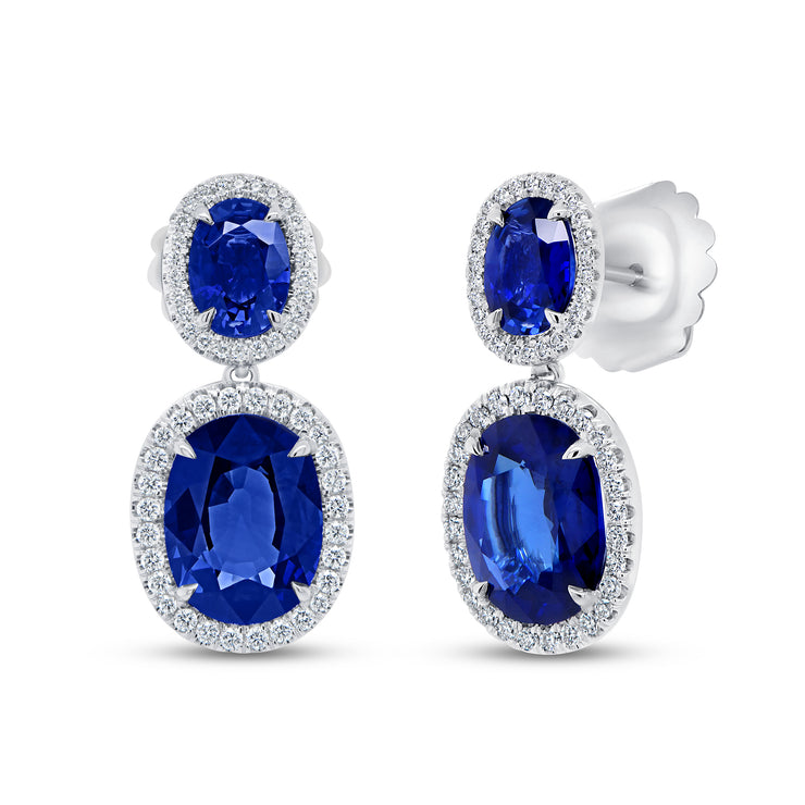 Uneek Precious Collection Halo Oval Blue Sapphire Drop Earrings
