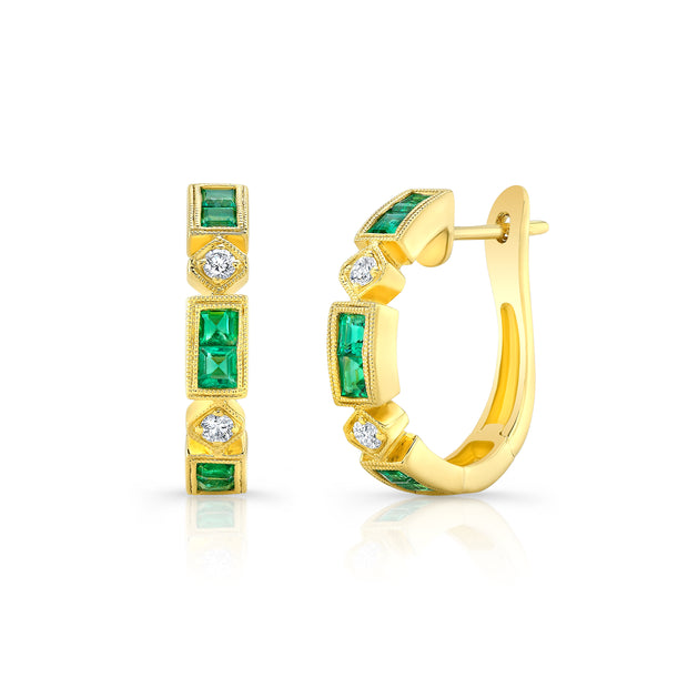 Uneek Precious Collection 1-Row Princess Emerald Huggie Earrings