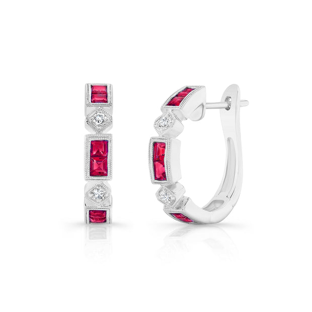 Uneek Precious Collection 1-Row Princess Ruby Huggie Earrings
