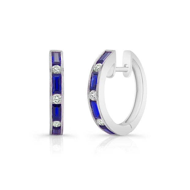 Uneek Precious Collection 1-Row Princess Blue Sapphire Huggie Earrings