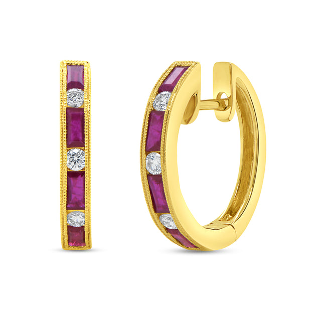 Uneek Precious Collection 1-Row Baguette Ruby Huggie Earrings