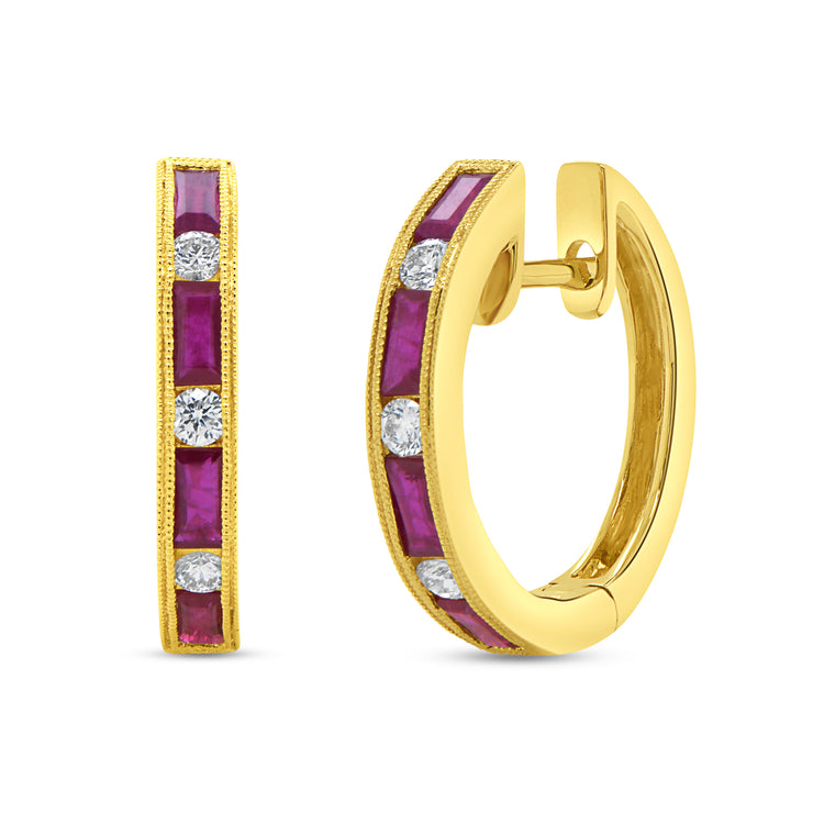 Uneek Precious Collection 1-Row Baguette Ruby Huggie Earrings