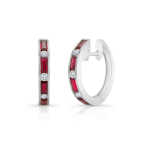 Uneek Precious Collection 1-Row Baguette Ruby Huggie Earrings