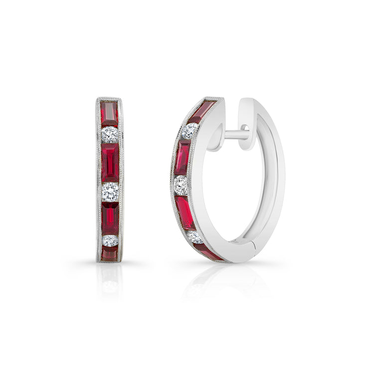 Uneek Precious Collection 1-Row Baguette Ruby Huggie Earrings