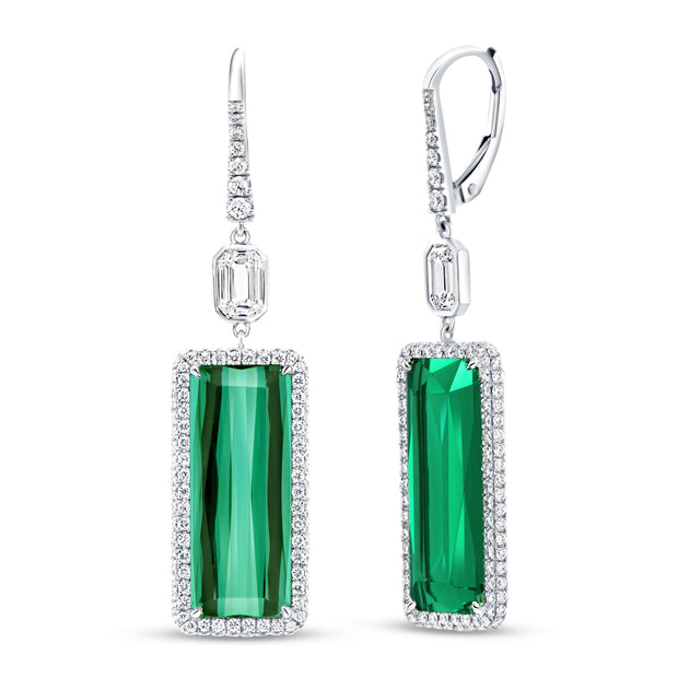 Uneek Stackable Collection Halo Emerald Cut Green Tourmaline Dangle Earrings