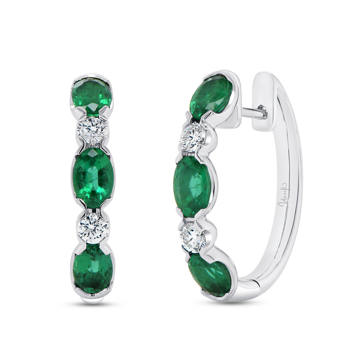 Uneek Precious Collection 1-Row Oval Emerald Huggie Earrings