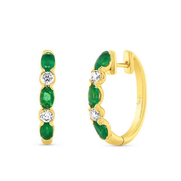 Uneek Precious Collection 1-Row Oval Emerald Huggie Earrings