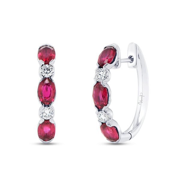 Uneek Precious Collection 1-Row Oval Ruby Huggie Earrings