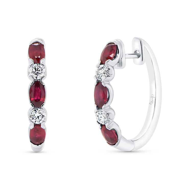 Uneek Precious Collection 1-Row Oval Ruby Huggie Earrings