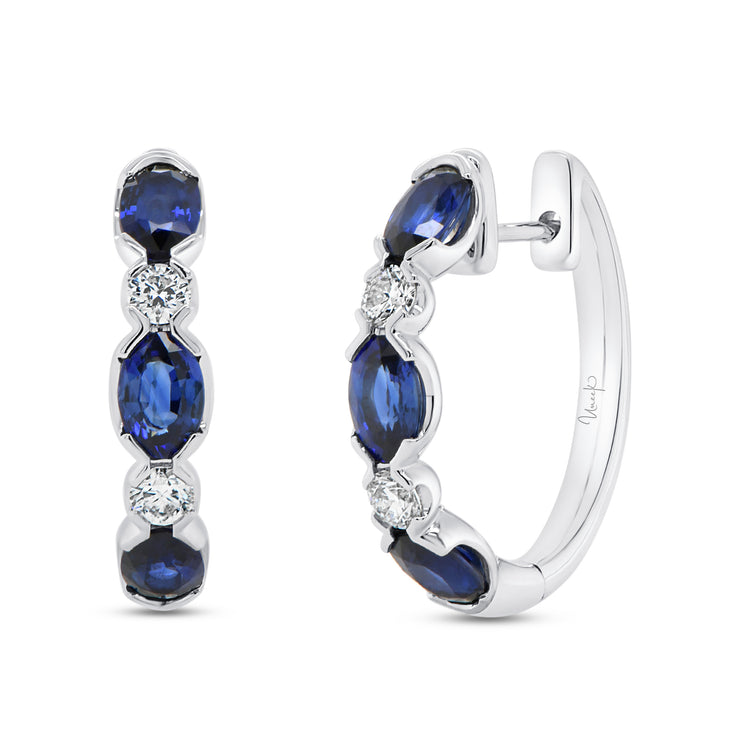 Uneek Precious Collection 1-Row Oval Blue Sapphire Huggie Earrings