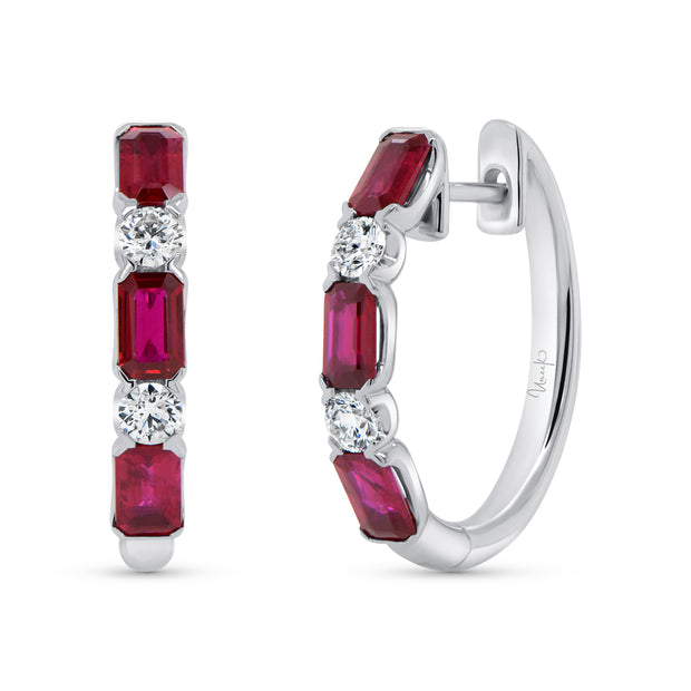 Uneek Precious Collection 1-Row Emerald Ruby Huggie Earrings