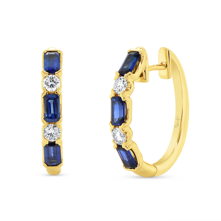 Uneek Precious Collection 1-Row Emerald Blue Sapphire Huggie Earrings
