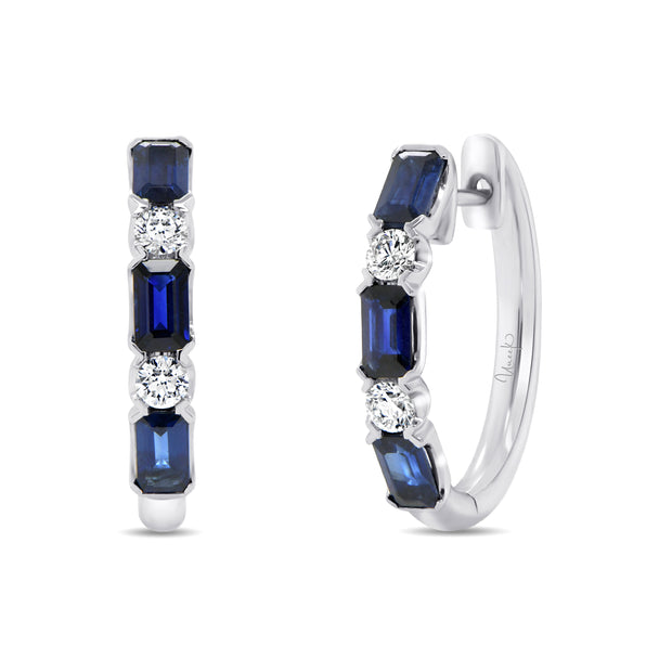Uneek Precious Collection 1-Row Emerald Blue Sapphire Huggie Earrings