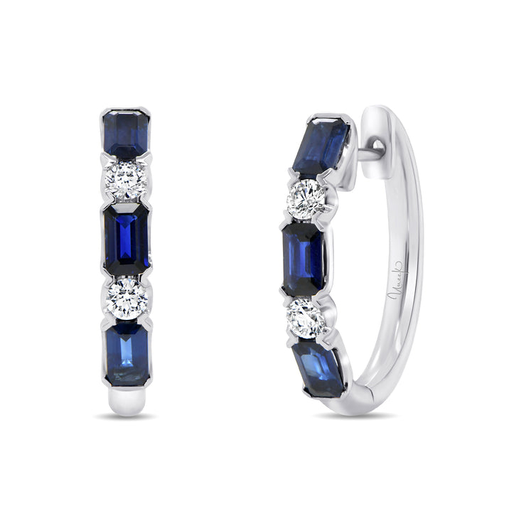 Uneek Precious Collection 1-Row Emerald Blue Sapphire Huggie Earrings