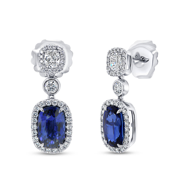 Uneek Precious Collection Drop Cushion Cut Blue Sapphire Fashion Earrings