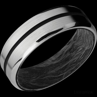 7 mm wide/Beveled/Titanium band with one 1 mm Centered inlay of Black also featuring a Forged Carbon Fiber sleeve.