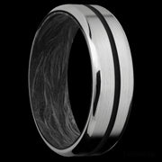 7 mm wide/Beveled/Titanium band with one 1 mm Centered inlay of Black also featuring a Forged Carbon Fiber sleeve.