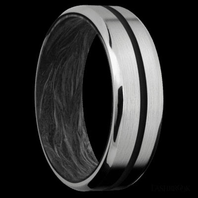 7 mm wide/Beveled/Titanium band with one 1 mm Centered inlay of Black also featuring a Forged Carbon Fiber sleeve.