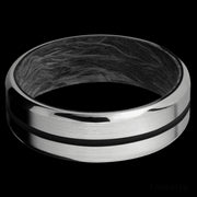 7 mm wide/Beveled/Titanium band with one 1 mm Centered inlay of Black also featuring a Forged Carbon Fiber sleeve.