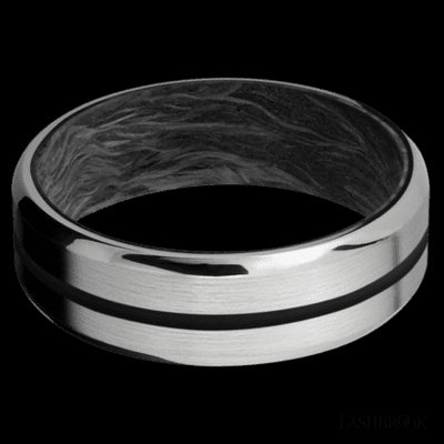 7 mm wide/Beveled/Titanium band with one 1 mm Centered inlay of Black also featuring a Forged Carbon Fiber sleeve.