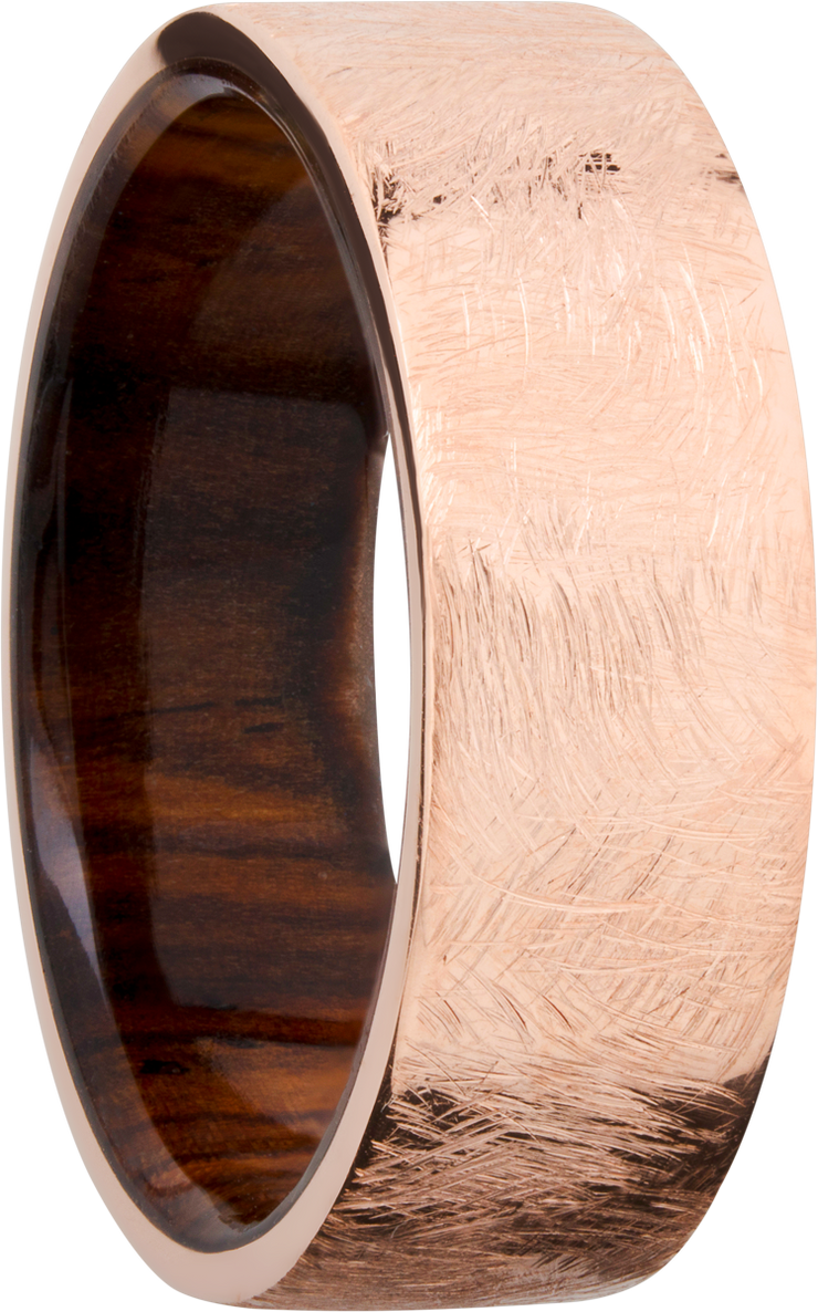 14K Rose gold 8mm flat band with a hardwood sleeve of Natcoco